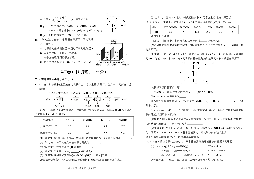 辽宁省葫芦岛市普通高中2020届高三上学期学业质量监测（期末）化学试题 Word版含答案