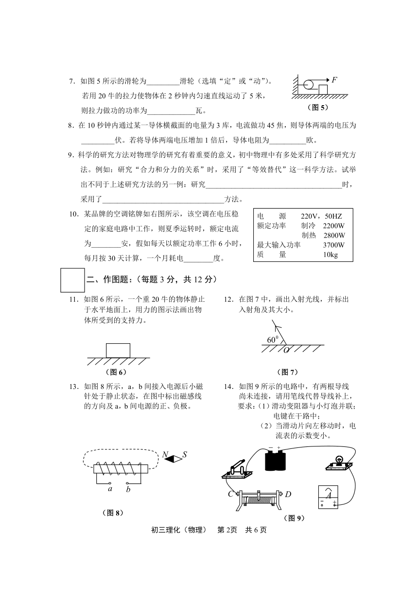 2006年松江区初三物理毕业学业模拟考试试题