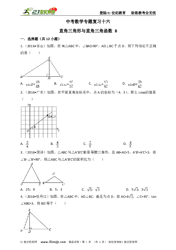 北师大版中考数学二轮专题复习卷十六-------直角三角形与直角三角函数 B