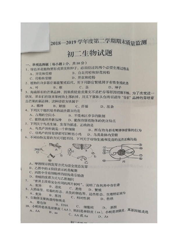 河北省秦皇岛市海港区2018-2019学年八年级下学期期末考试生物试题（图片版）