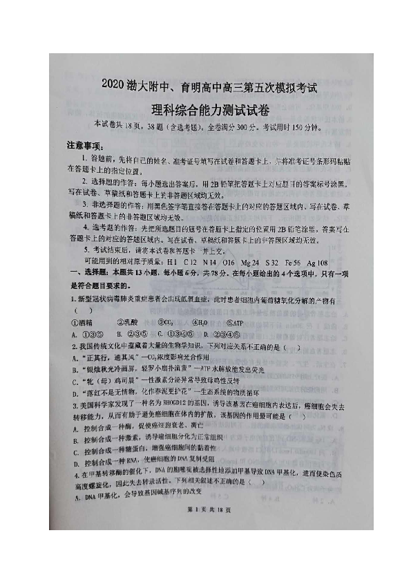 辽宁省渤大附中、育明高中2020届高三第五次模拟考试理科综合试题 图片版含答案