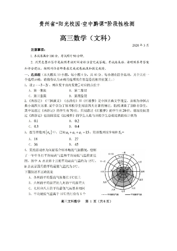 贵州省2020年3月“阳光校园空中黔课”阶段性检测高三数学文科试题（Word含解析）