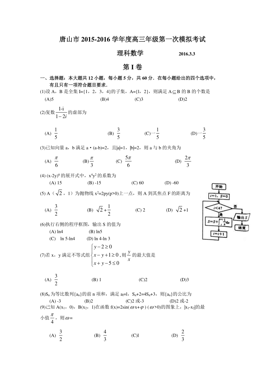 河北省唐山市2016届高三第一次模拟考试数学（理）试题（WORD版）