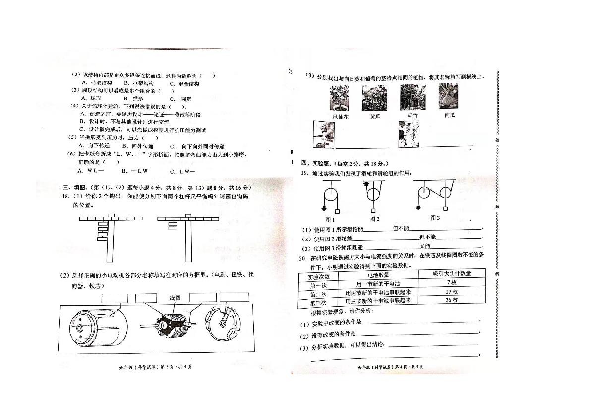 云南省昆明市官渡区2019-2020学年第一学期六年级科学期末试卷（扫描版，无答案）