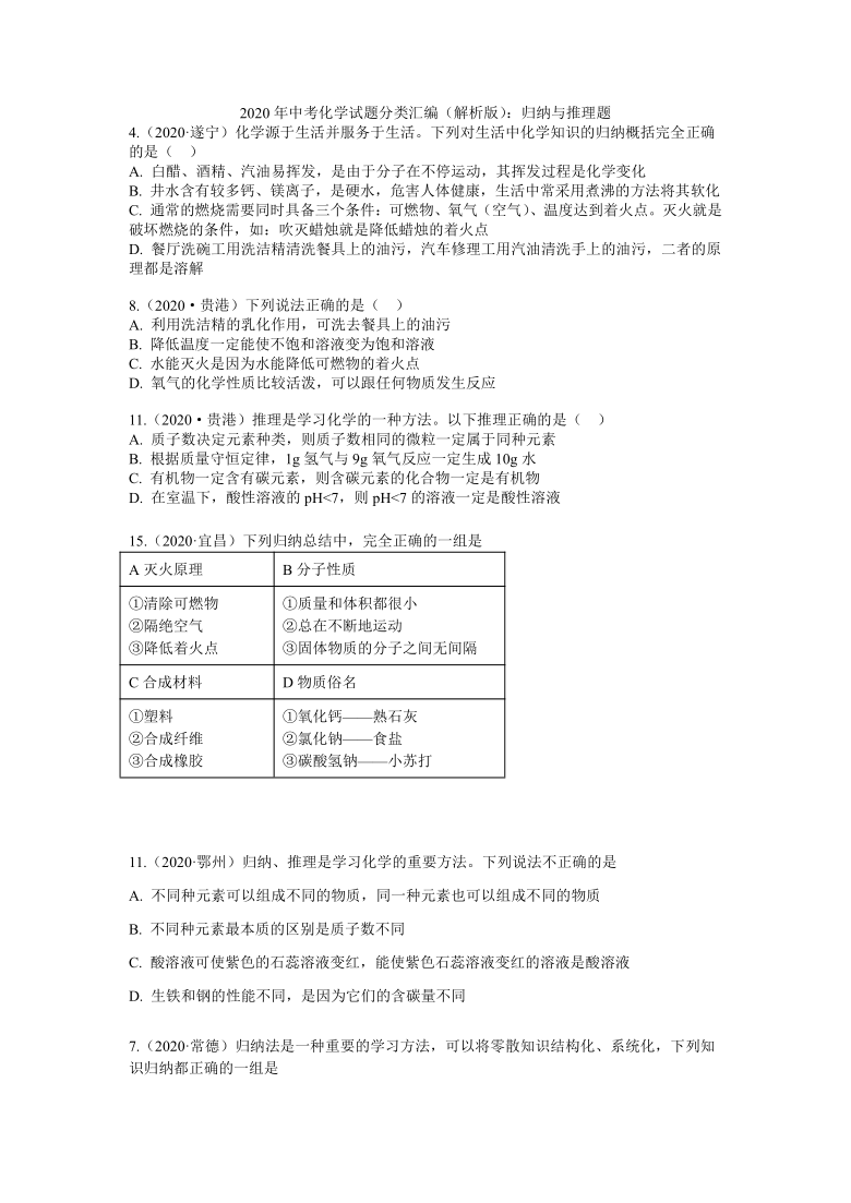 2020年中考化学试题分类汇编：归纳与推理题（解析版）