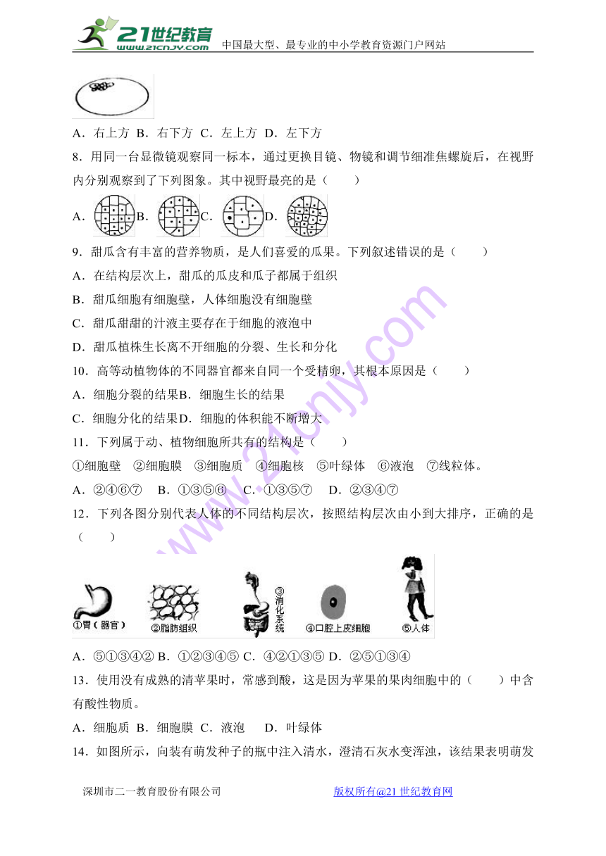 安徽省宿州市埇桥区教育集团2017-2018学年七年级上学期期末考试生物试题（WORD版）