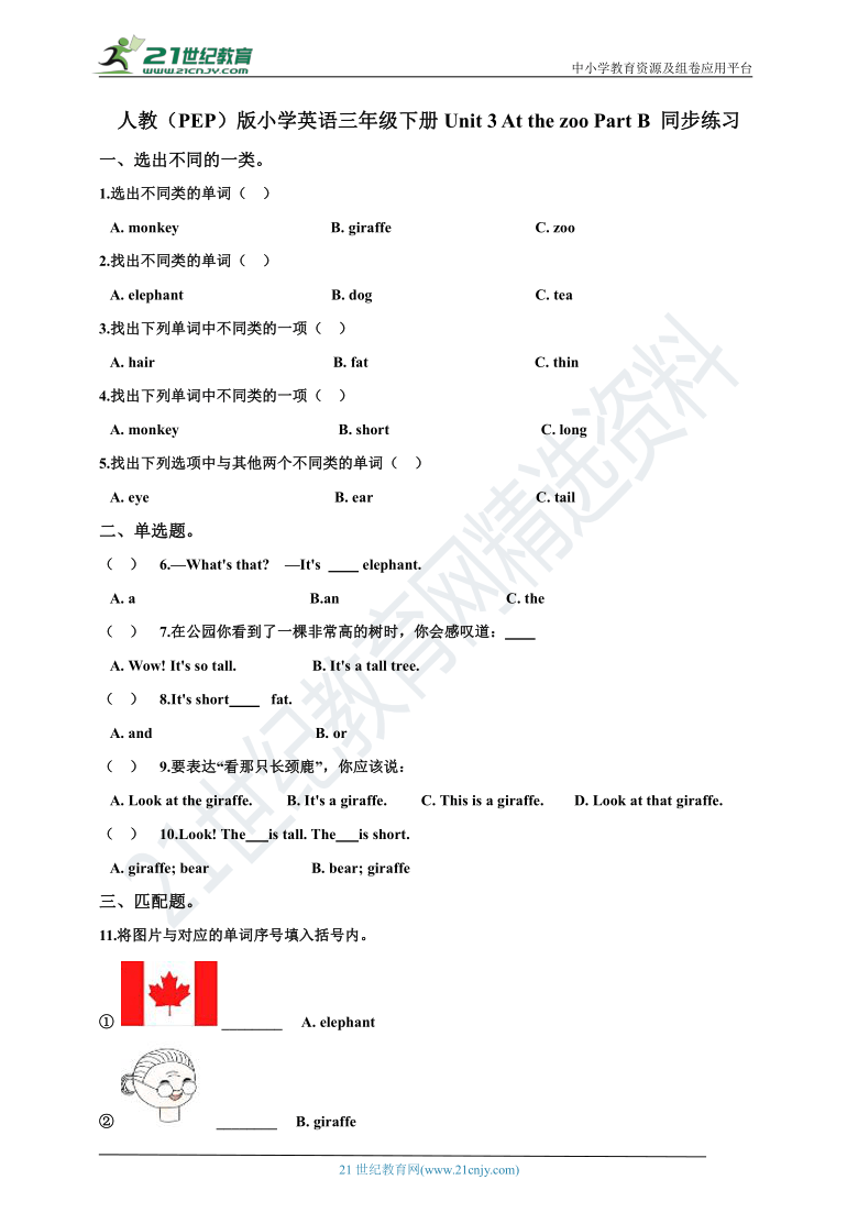 Unit 3 At the zoo Part B 同步练习（含答案）