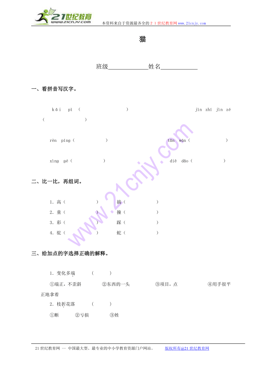 五年级语文上册 猫（北京版）