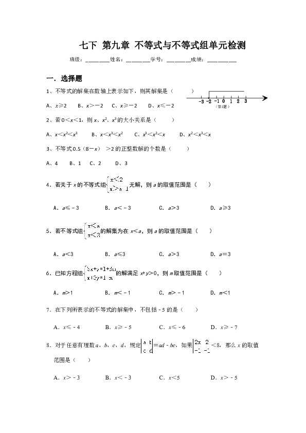 2019-2020年春季人教版七年级下册数学第9章 不等式与不等式组单元检测测试卷(提升版) （无答案）