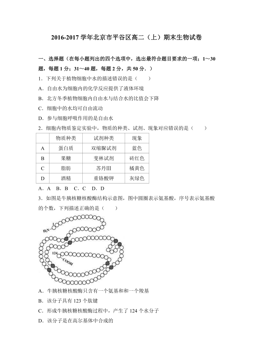 北京市平谷区2016-2017学年高二（上）期末生物试卷（解析版）