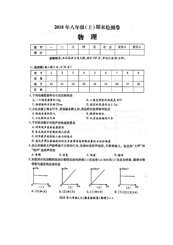（首发）湖南省邵阳县2018年下学期八年级（上）物理期末检测卷（扫描版）