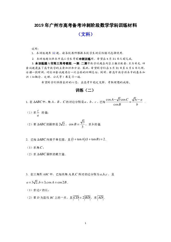 广州市2019届高考数学（文科）冲刺题（二）含答案