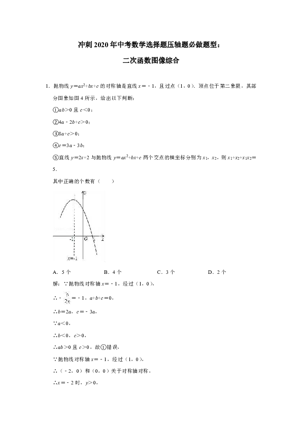 冲刺2020年中考数学选择题压轴题必做题型：二次函数图像综合（附解析）