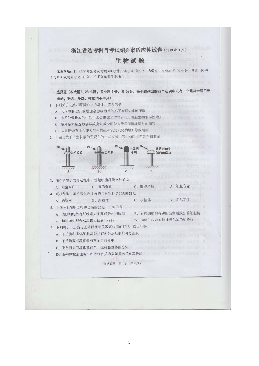 浙江省绍兴市2019届高三下学期选考科目考试适应性试卷生物试题 扫描版