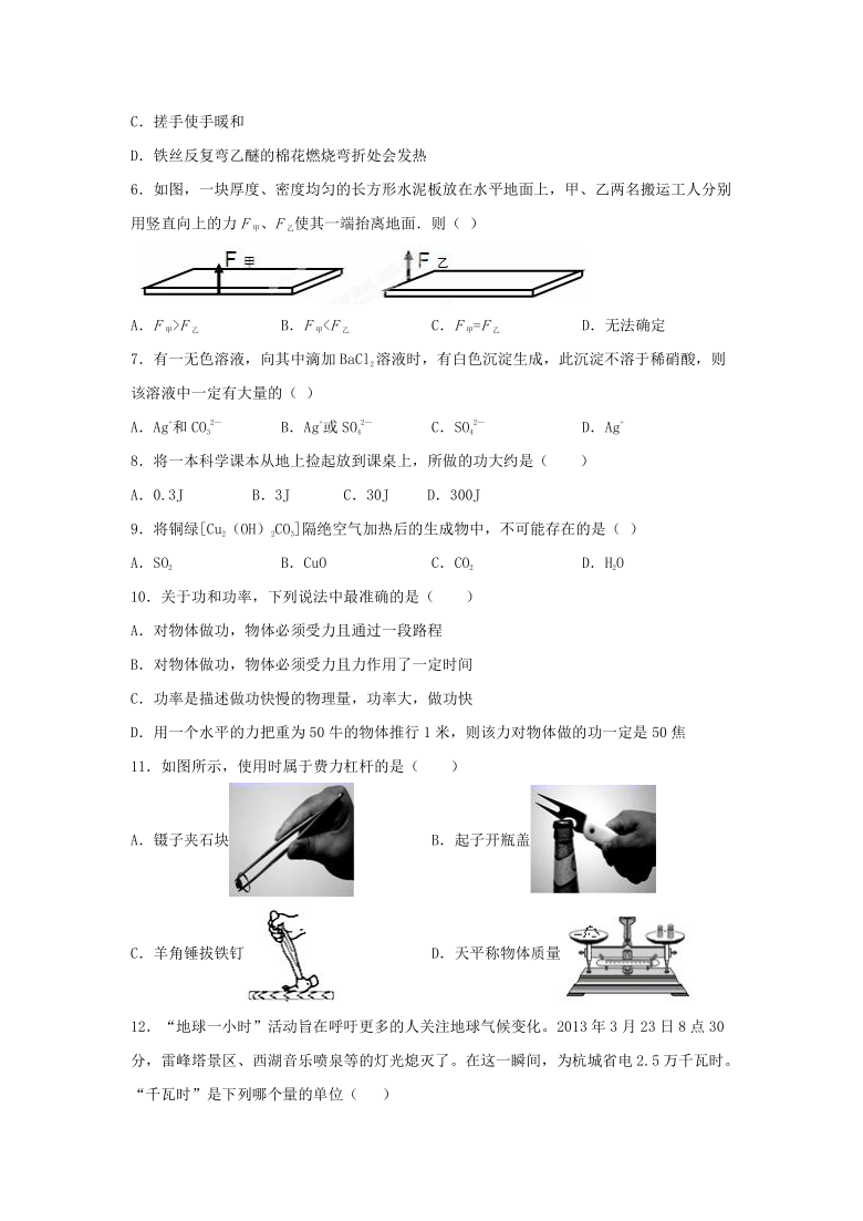 华东师大版科学九年级上册 期末复习练习题（含答案）