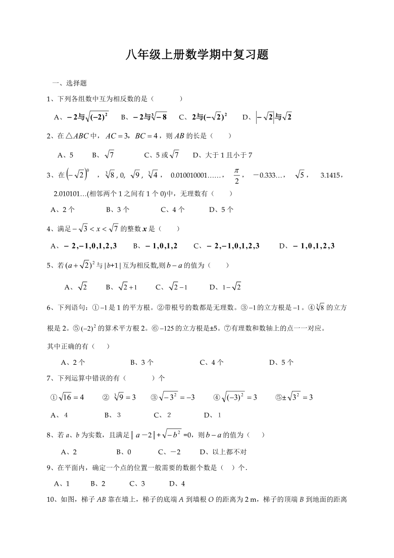 2020年秋甘肃省张掖市甘州中学八年级上数学期中考试复习卷（word无答案）