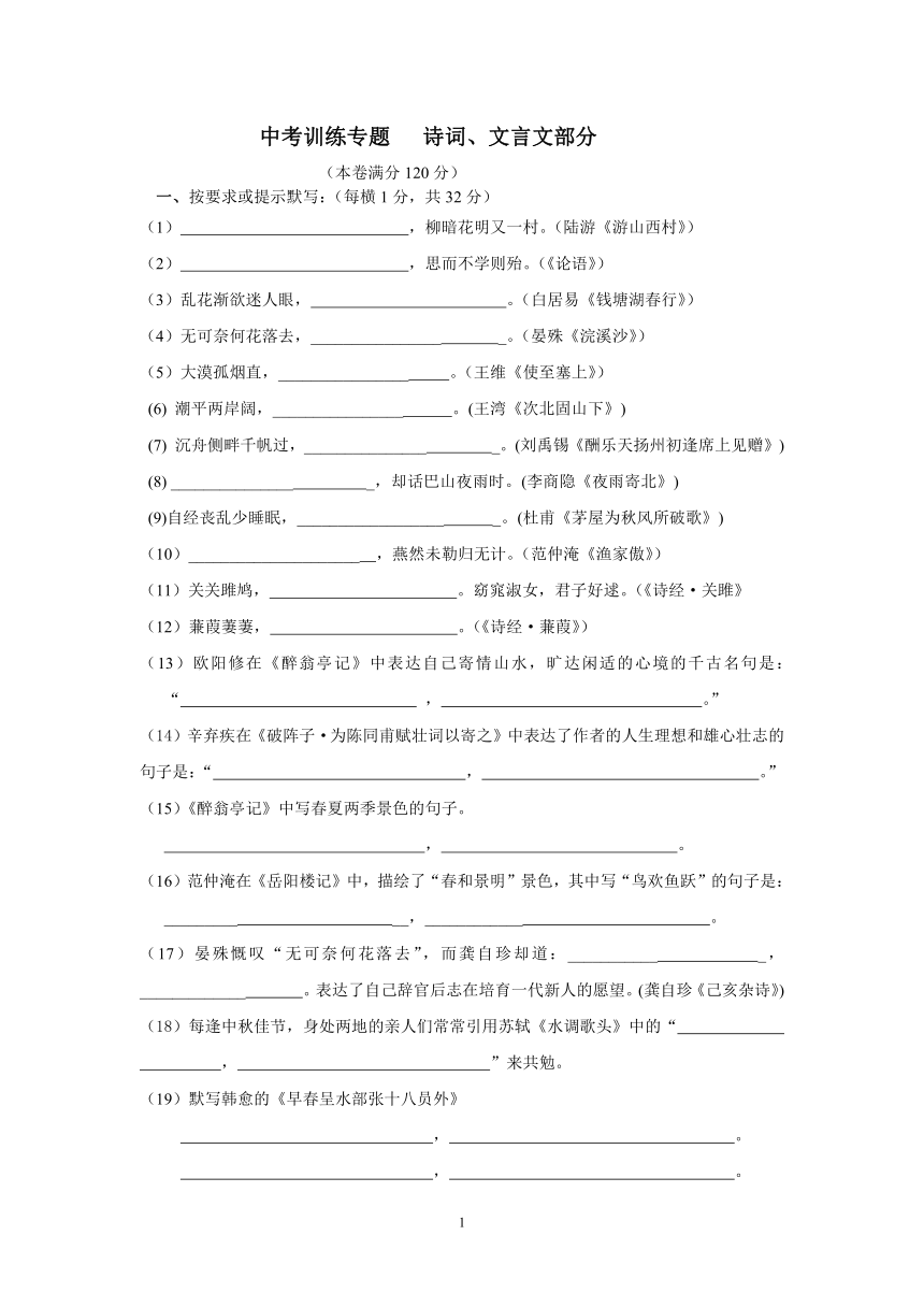 中考语文文言文、诗词专项训练（附答案）