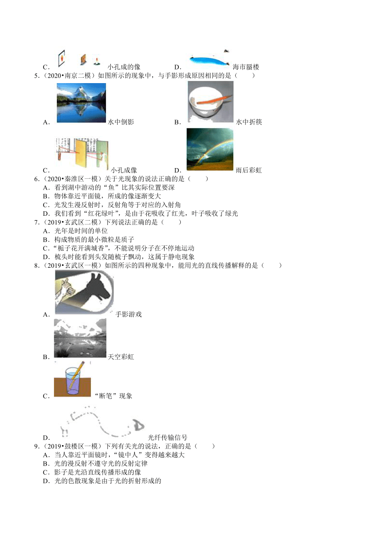江苏南京中考物理各地区2018-2020年模拟考试试题分类（4）——光现象(含解析)