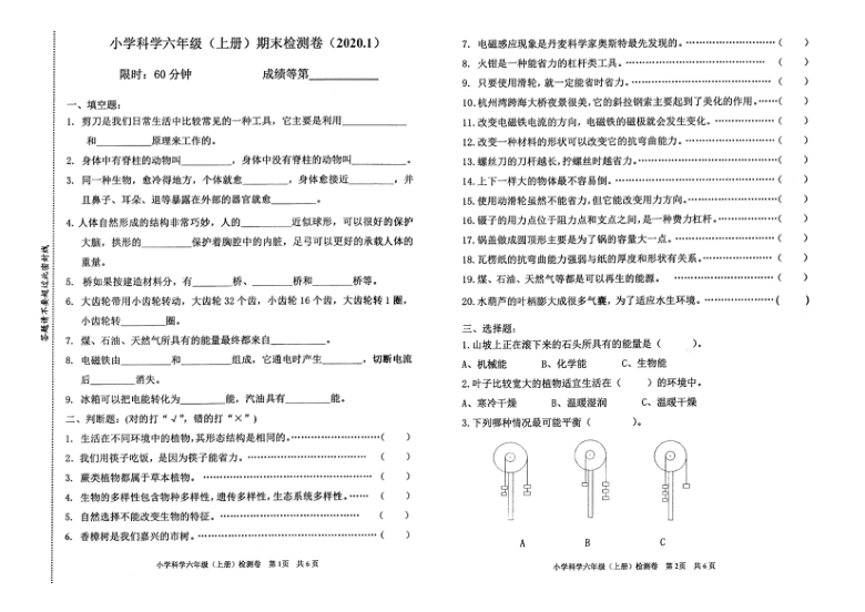 教科版六年级科学上册期末测试卷（浙江嘉兴2019年真卷含答案）