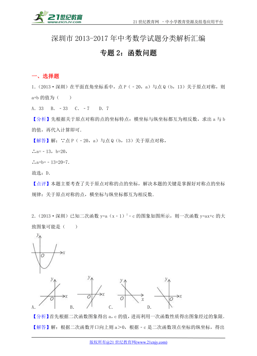 广东省深圳市2013-2017年中考数学试题分类解析汇编专题2：函数问题