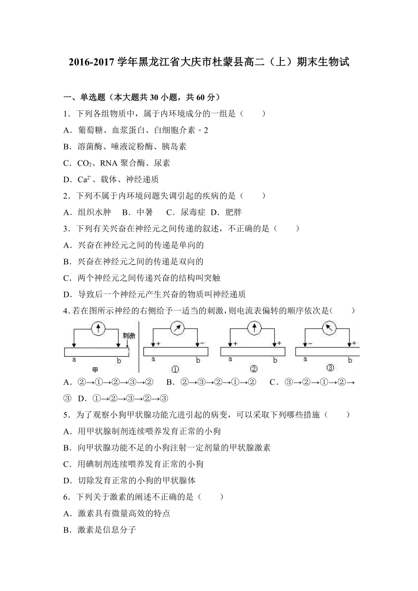 黑龙江省大庆市杜蒙县2016-2017学年高二（上）期末生物试（解析版）