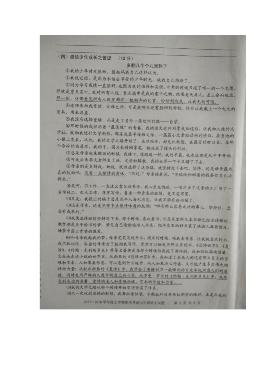 湖北省枣阳市2017-2018学年度上学期期末水平测试七年级语文试题（扫描版）