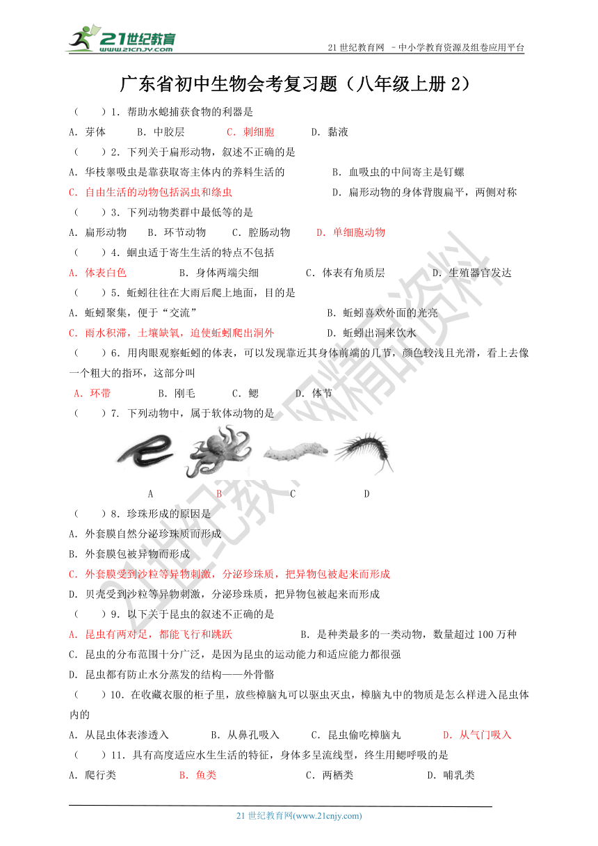 2018年广东省初中生物会考复习题（八年级上册2）