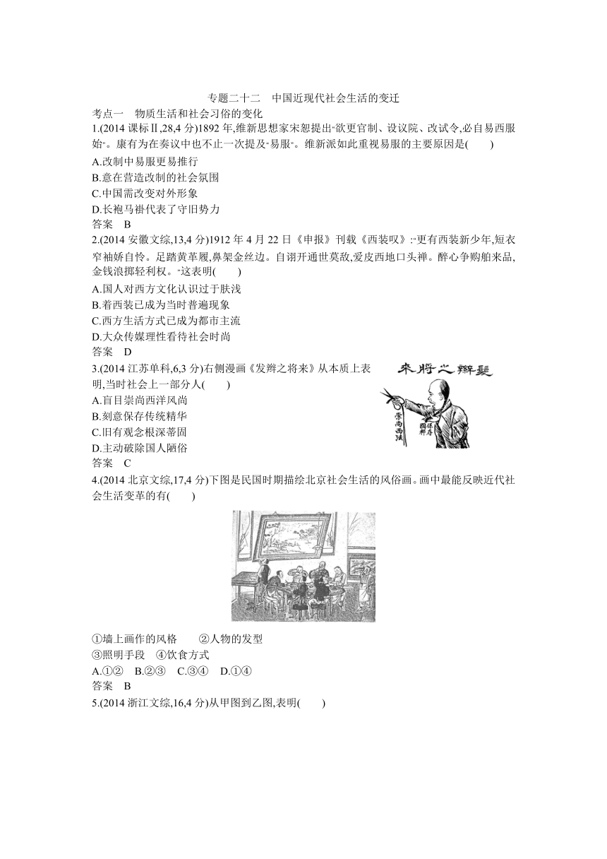 【5年高考3年模拟】2015届高考历史（新课标版）一轮复习课件+14年全国高考真题分类汇编：专题二十二中国近现代社会生活的变迁（2份）