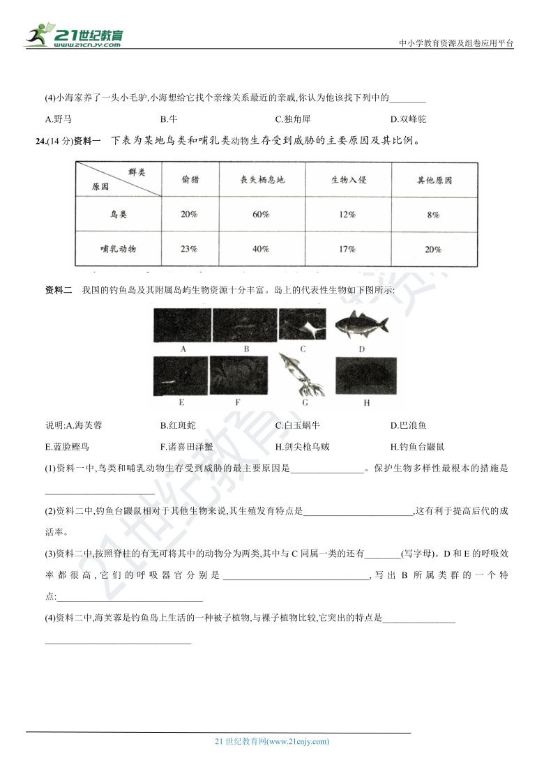 专题复习卷(四)  生物的多样性及保护——生物的分类及保护-2020-2021学年八年级生物上册期末复习测试卷（含答案）