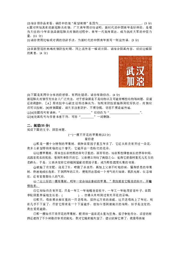 安徽省合肥市第四十六中学2019-2020学年九年级第二学期级语文摸底考试试卷（无答案)