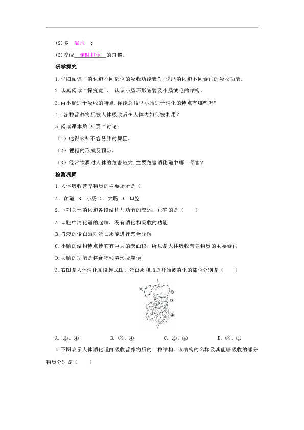 冀教版生物七年级下册1.3《营养物质的吸收和利用》 学案（含检测答案）