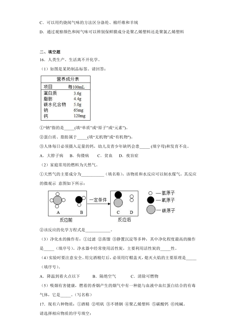 2020-2021学年人教版初中化学九年级下册第十二单元  化学与生活测试题（含答案）