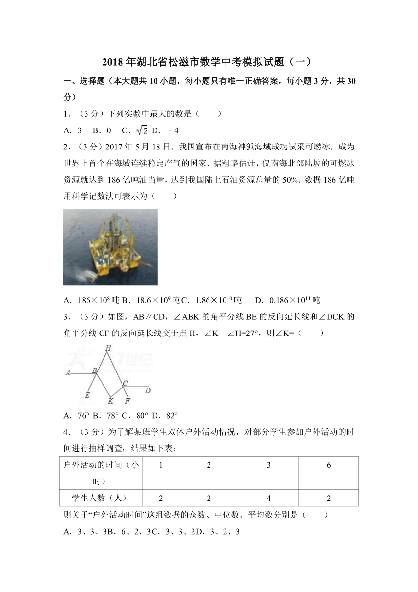 2018年湖北省松滋市中考数学模拟试题（一）(解析版）