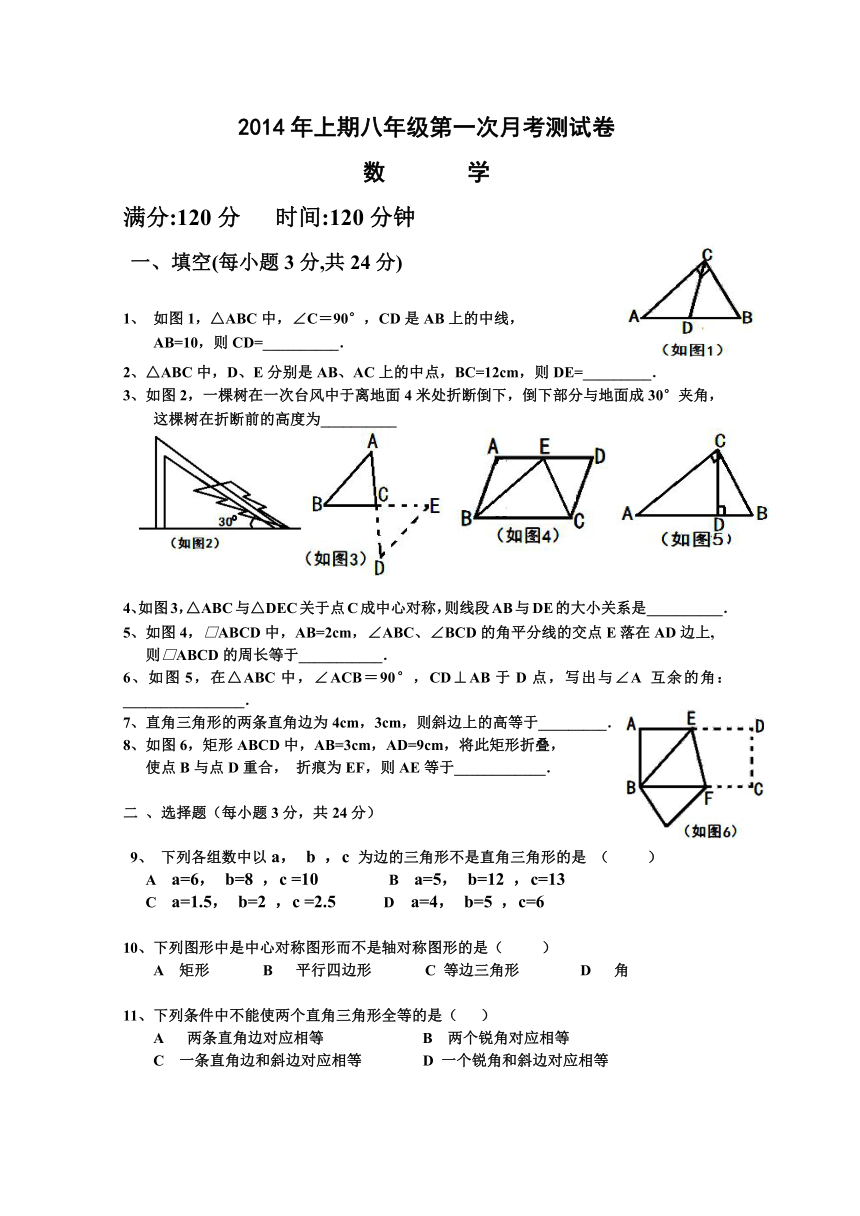 湖南省双牌县2013-2014学年八年级上学期第一次月考数学试题（无答案）