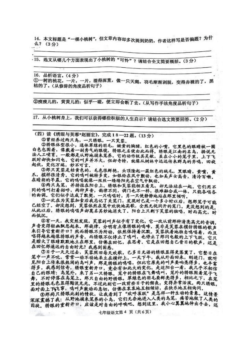 湖北省安陆市2016-2017学年七年级下学期期末考试语文试题（扫描版）