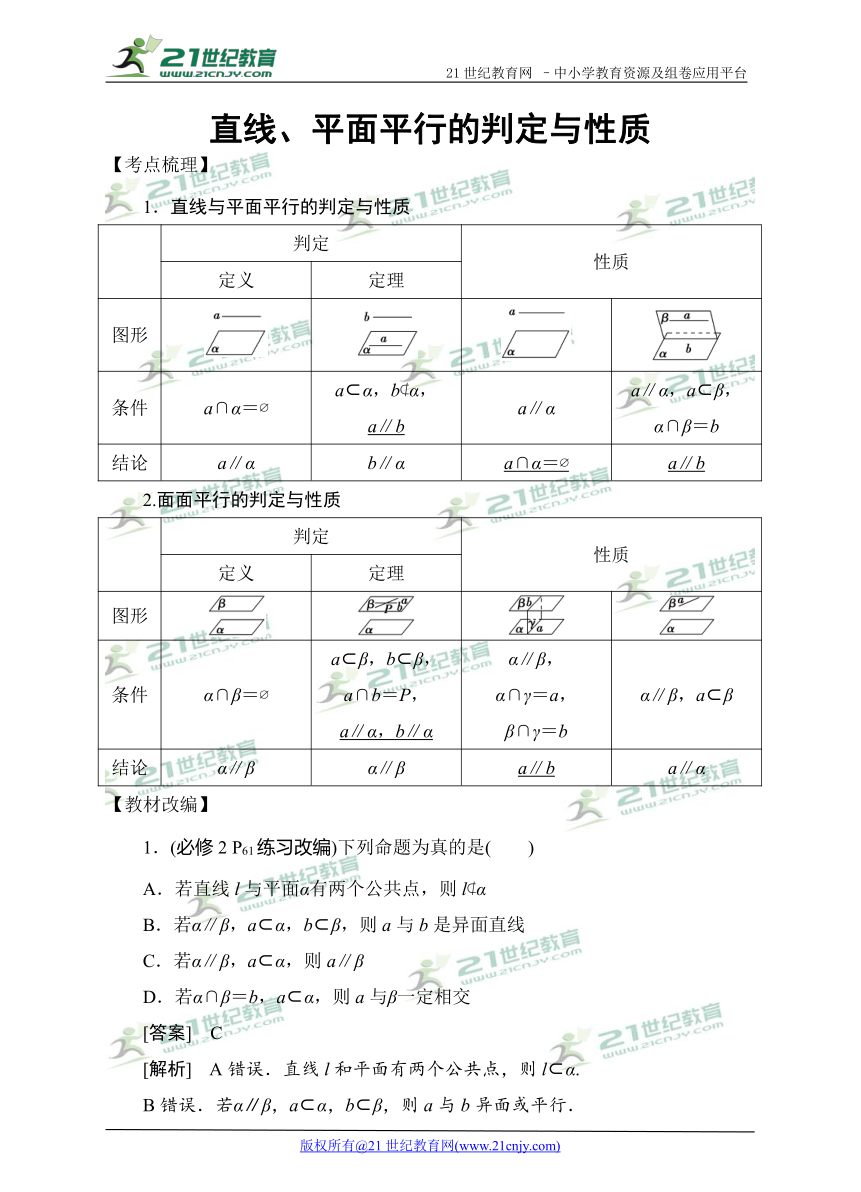 2018高考数学教材改编典题精练--直线、平面平行的判定与性质