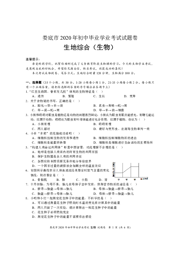 湖南省娄底市2020年初中毕业学业考试生物试卷（可编辑PDF版，无答案）