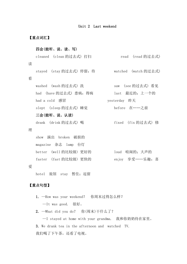 Unit 2 Last weekend 知识梳理