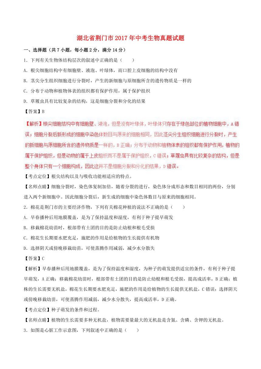 湖北省荆门市2017年中考生物真题试题（含解析1）