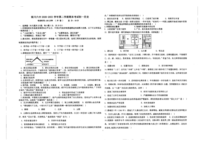 宁夏银川市第六中学2020-2021学年第二学期七年级历史期末试题（图片版，无答案）