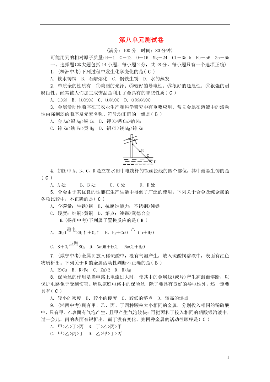 广东专版2018年秋九年级化学下册第八单元金属和金属材料测试卷新版新人教版