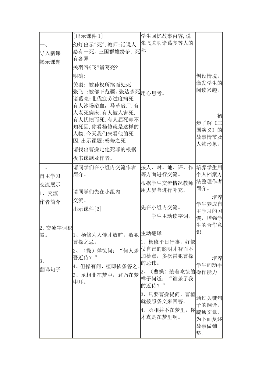 人教版九年级上册第五单元第18课《杨修之死》教学设计 表格式