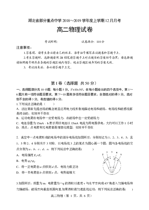 湖北省重点高中联考协作体2018-2019学年高二上学期12月月考物理试卷 PDF版含答案