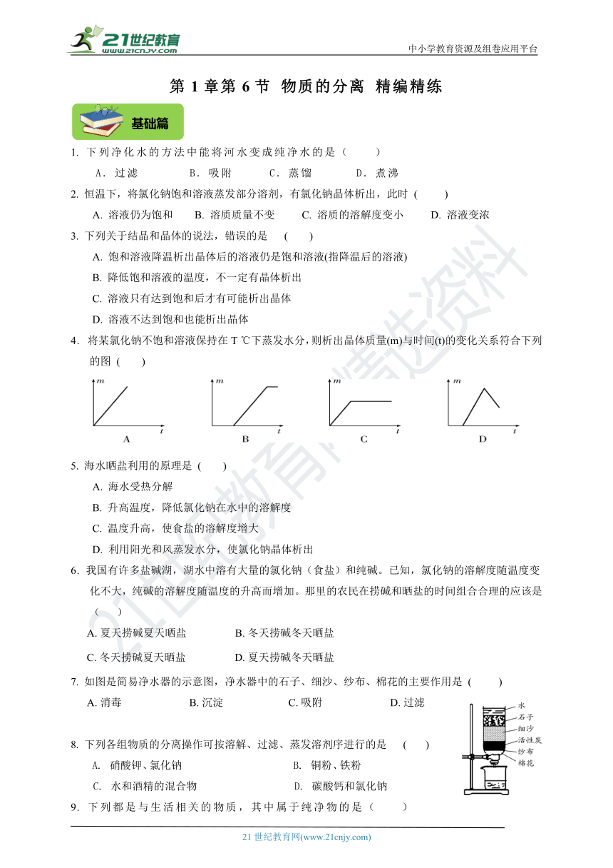 (精编精练)第1章第6节 物质的分离（基础+提高+中考）