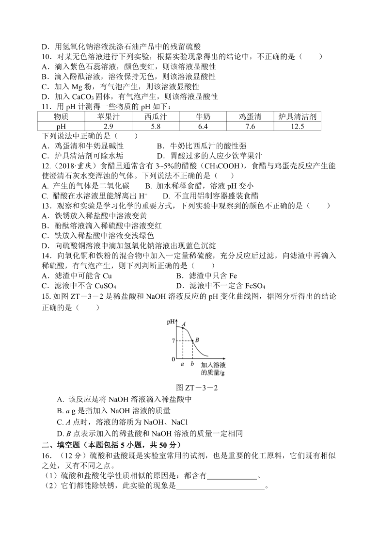 第七单元 常见的酸和碱 单元测试题 2021年中考化学总复习（鲁教版，机构）（含答案）