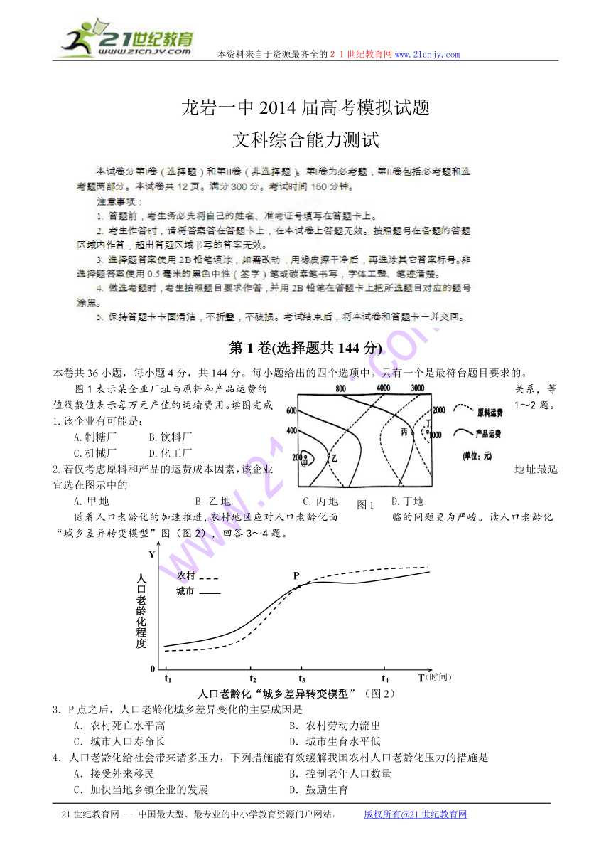 福建省龙岩一中2014届高三高考模拟文综试卷