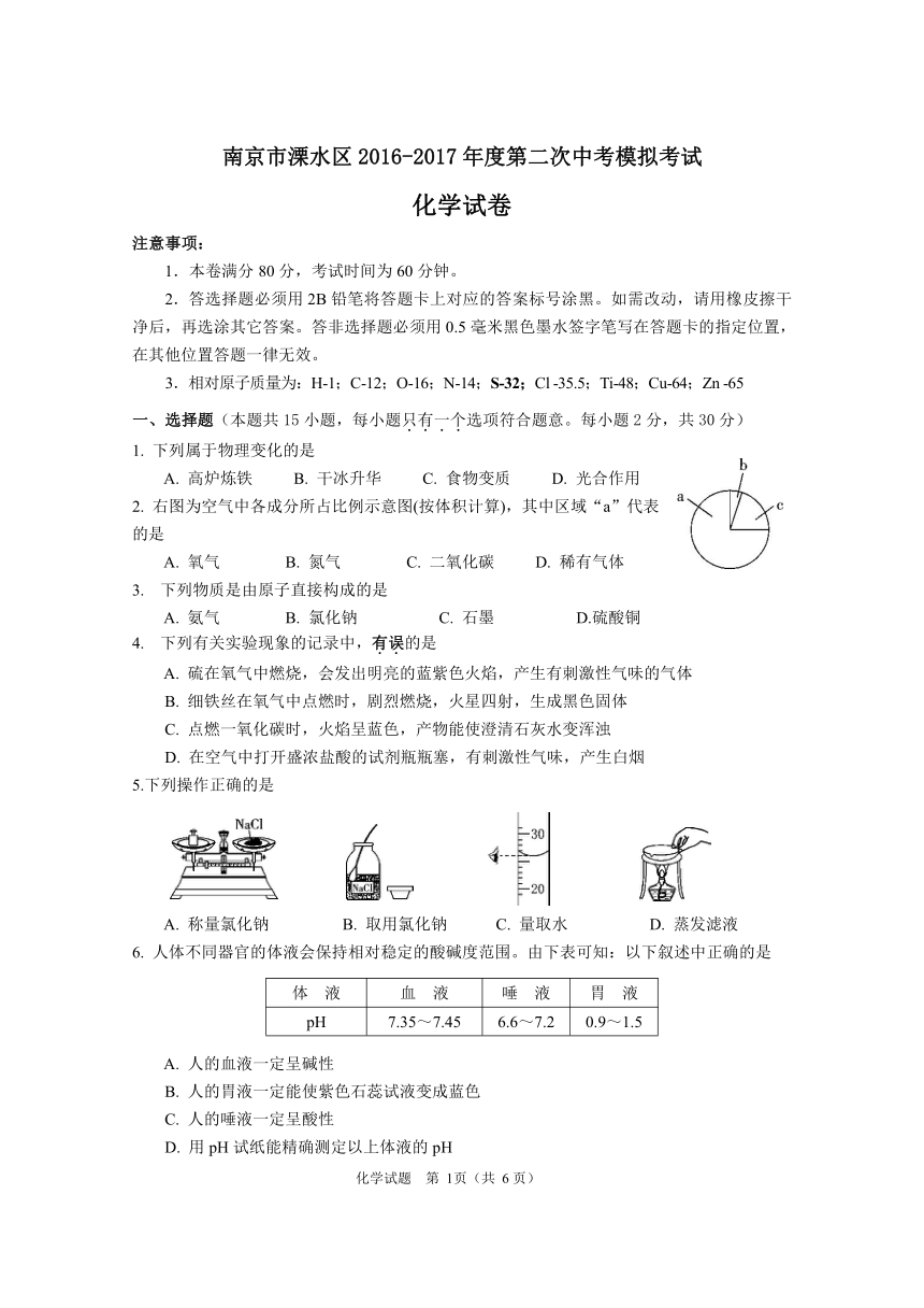 （首发）南京市溧水区2016-2017年度第二次中考模拟考试化学试卷