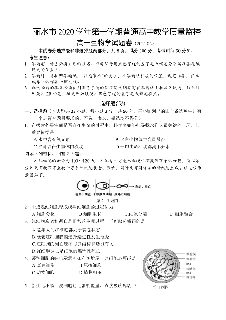 浙江省丽水市普通高中2020-2021学年高一上学期期末教学质量监控生物试卷    含答案