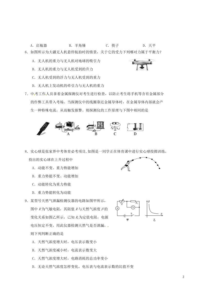 湖南省张家界市2018届初中毕业学业水平考试最后模拟检测物理试卷