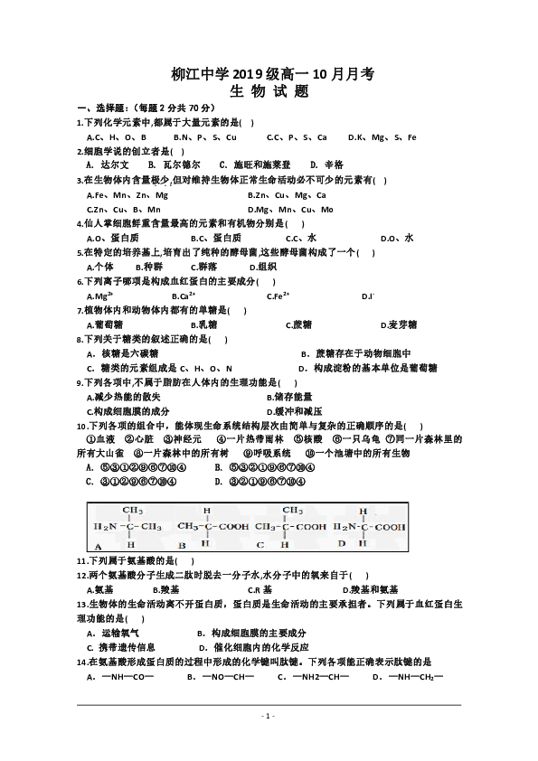广西柳江中学2019-2020学年高一10月月考生物试卷